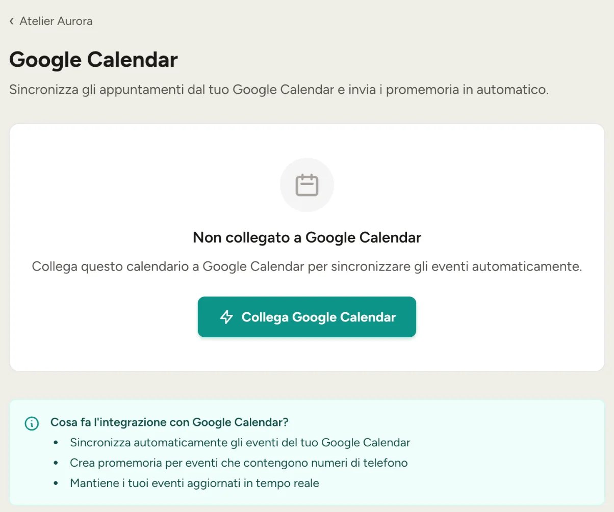 Pulsante Collega Google Calendar in RicordamiApp