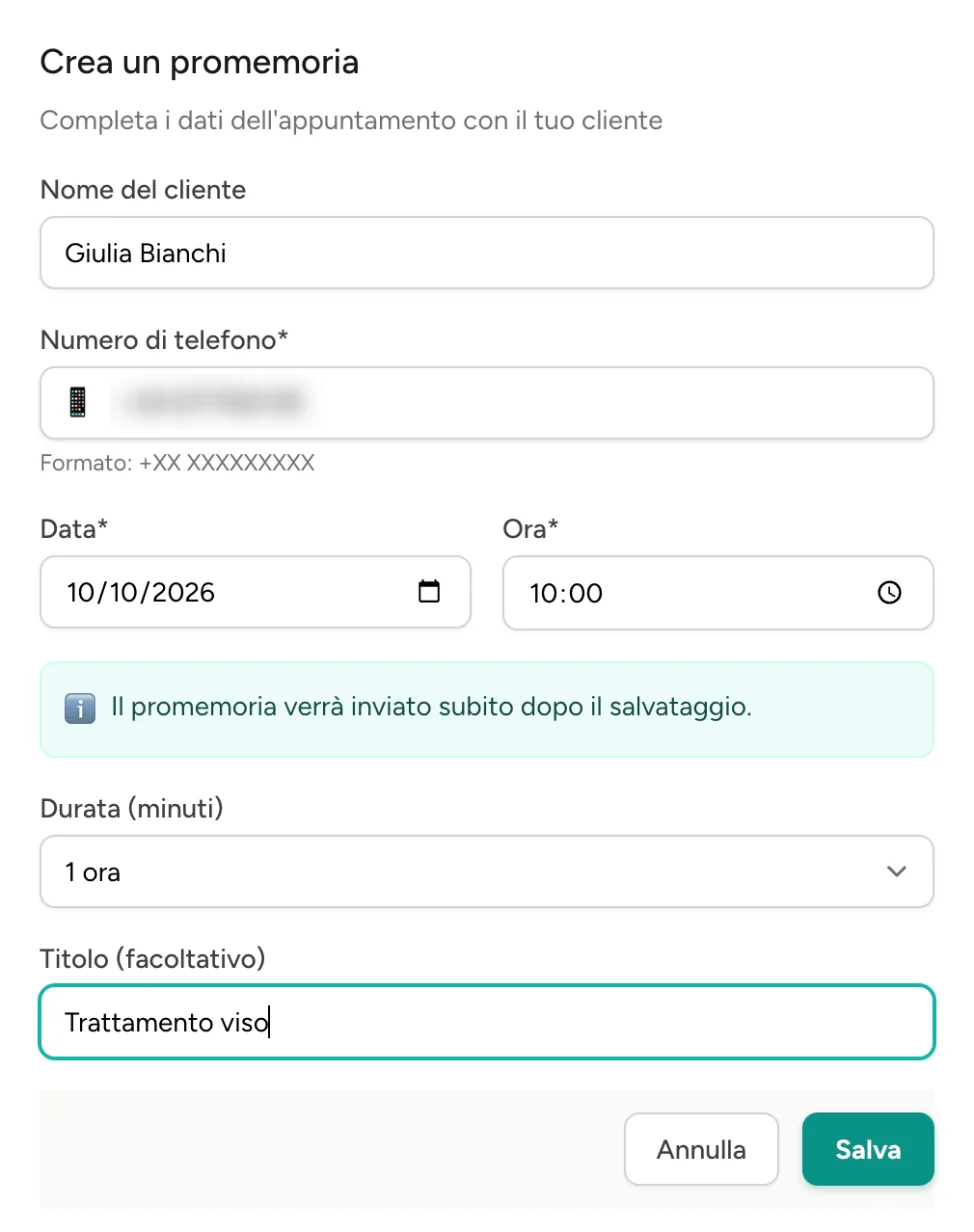 Registrazione di una scadenza con nome e numero del cliente