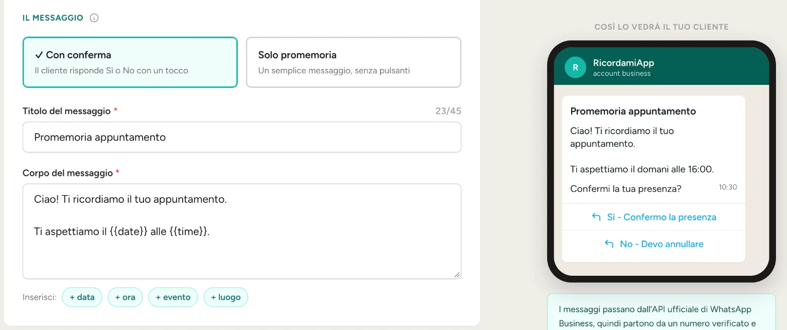 Editor del messaggio promemoria con anteprima WhatsApp