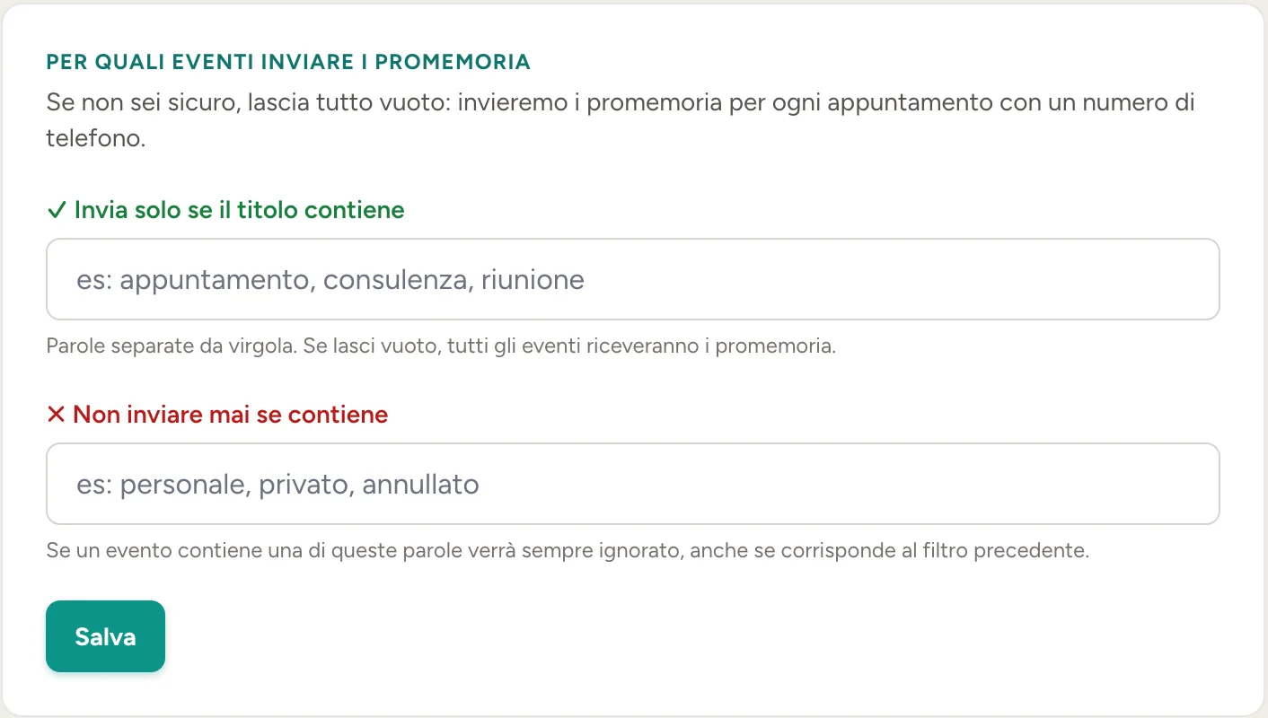 Filtri per scegliere quali eventi ricevono il promemoria