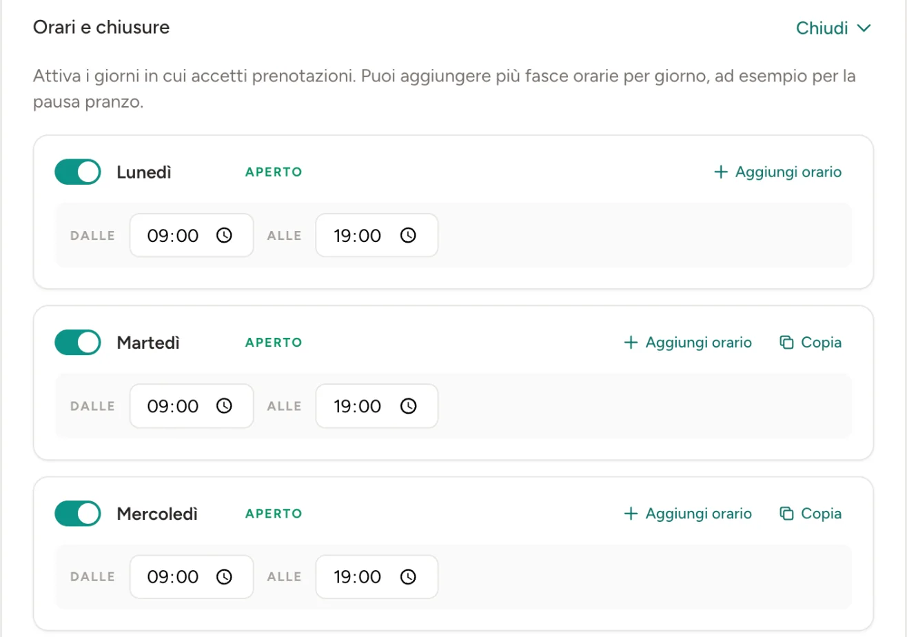 Orari settimanali della pagina di prenotazione