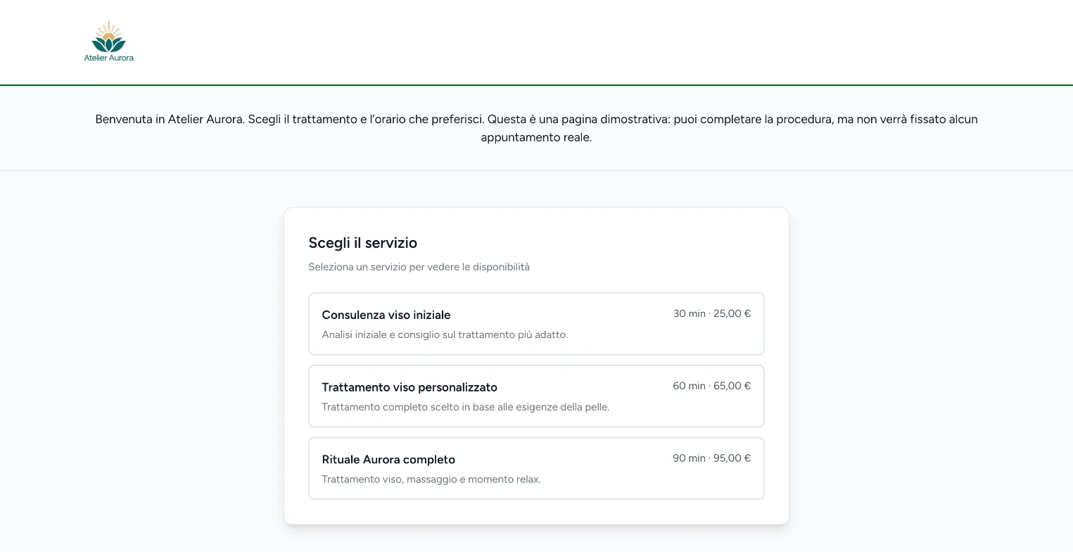 Pagina di prenotazione con logo, messaggio di benvenuto e servizi