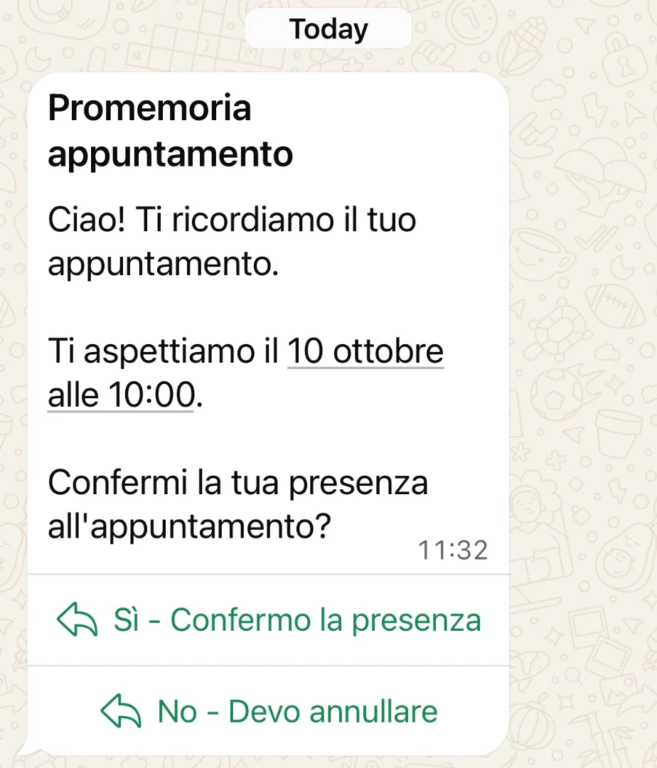 Promemoria WhatsApp con pulsanti Sì e No