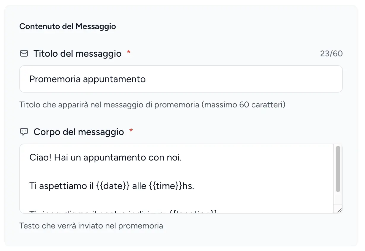 Impostazioni del messaggio promemoria