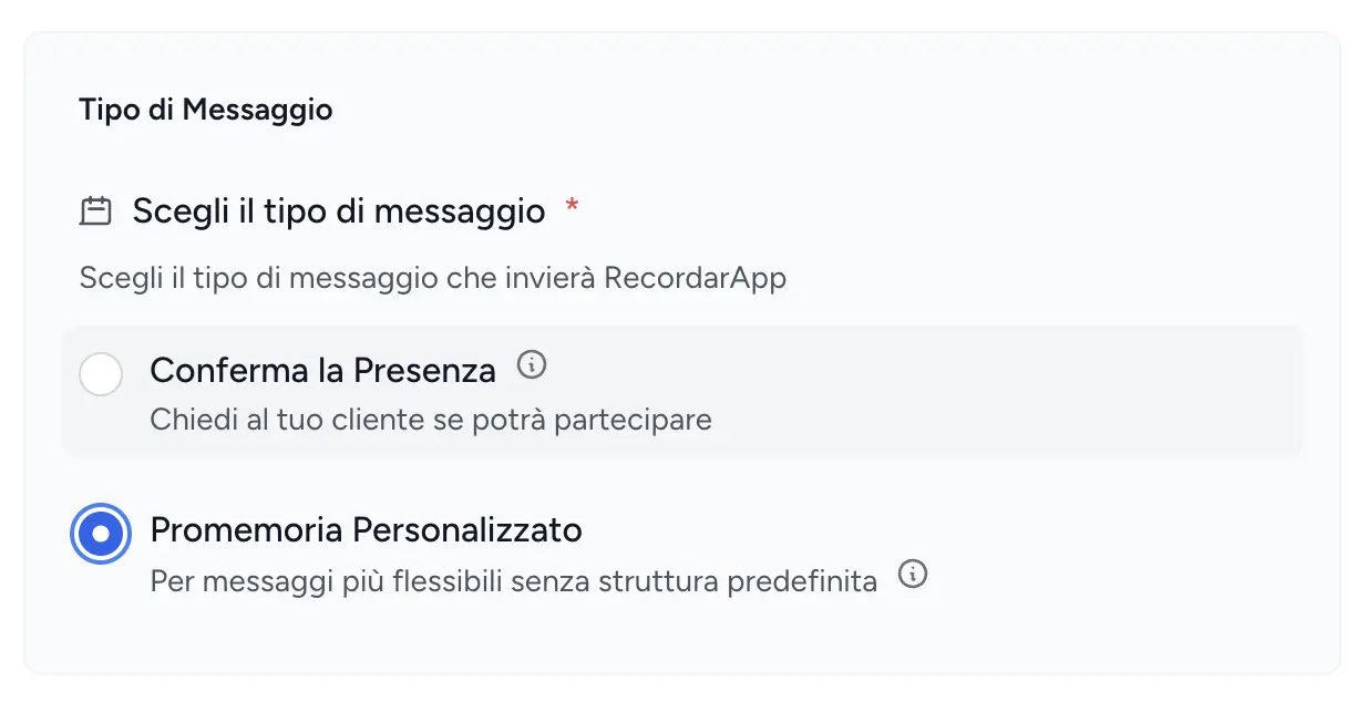 Selezione del tipo di messaggio in RicordamiApp