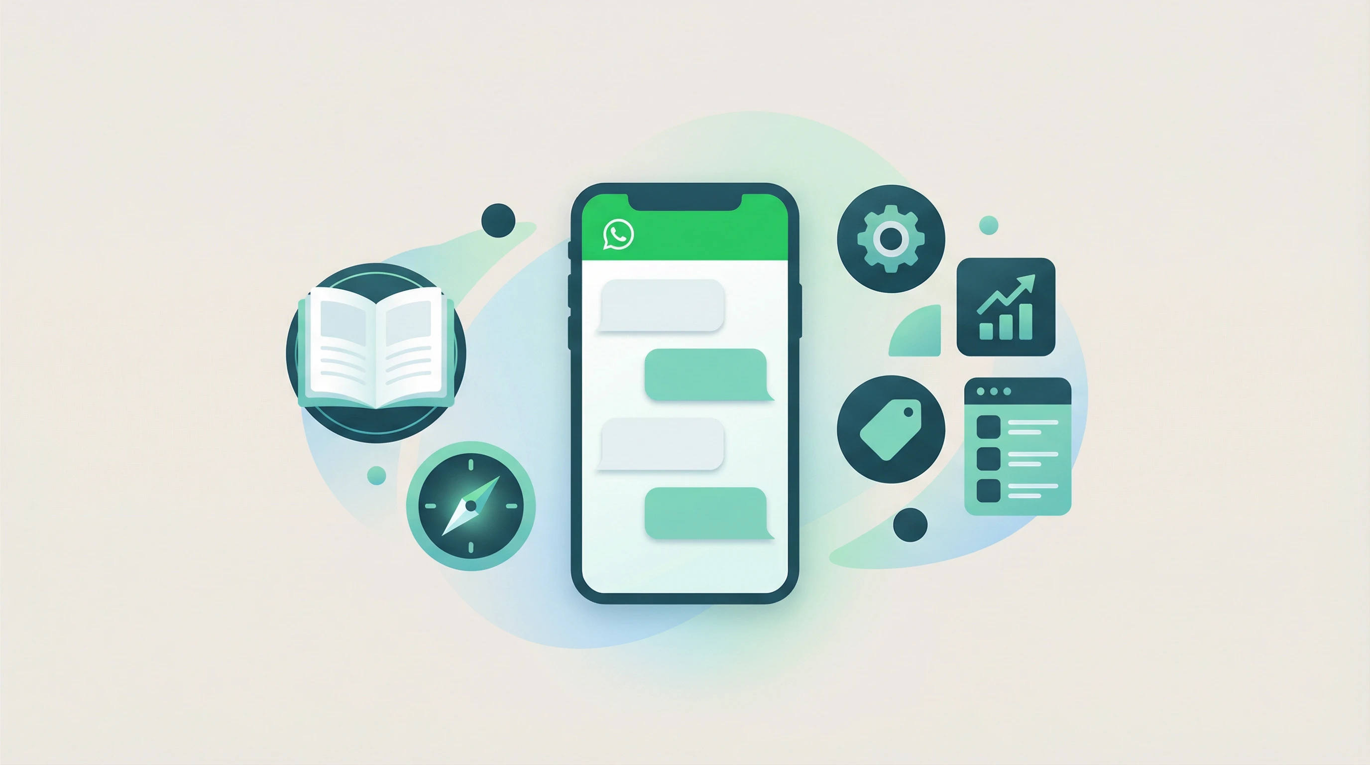 Smartphone con una chat WhatsApp Business e le icone delle funzioni per le attività