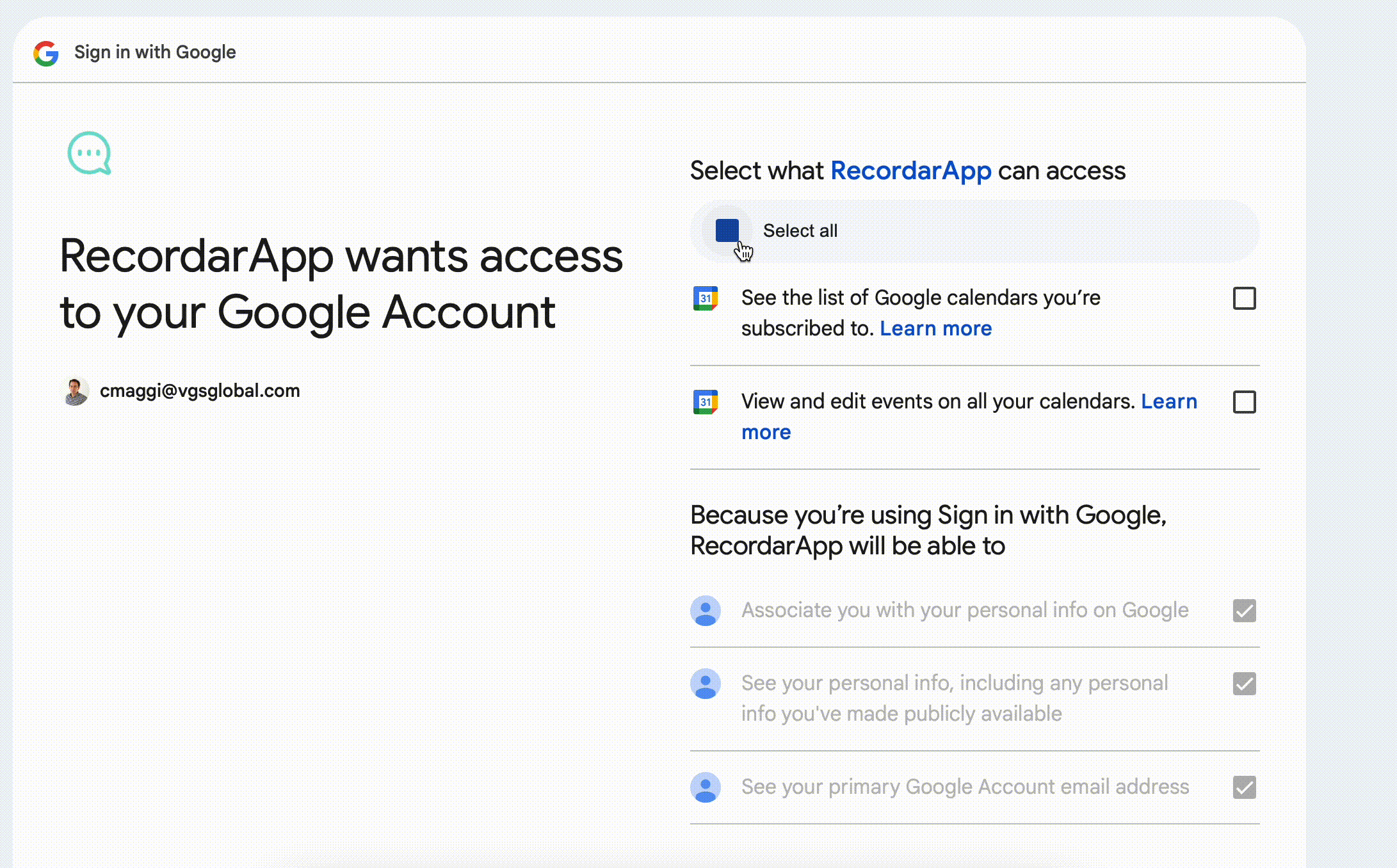 Authorize access to calendars