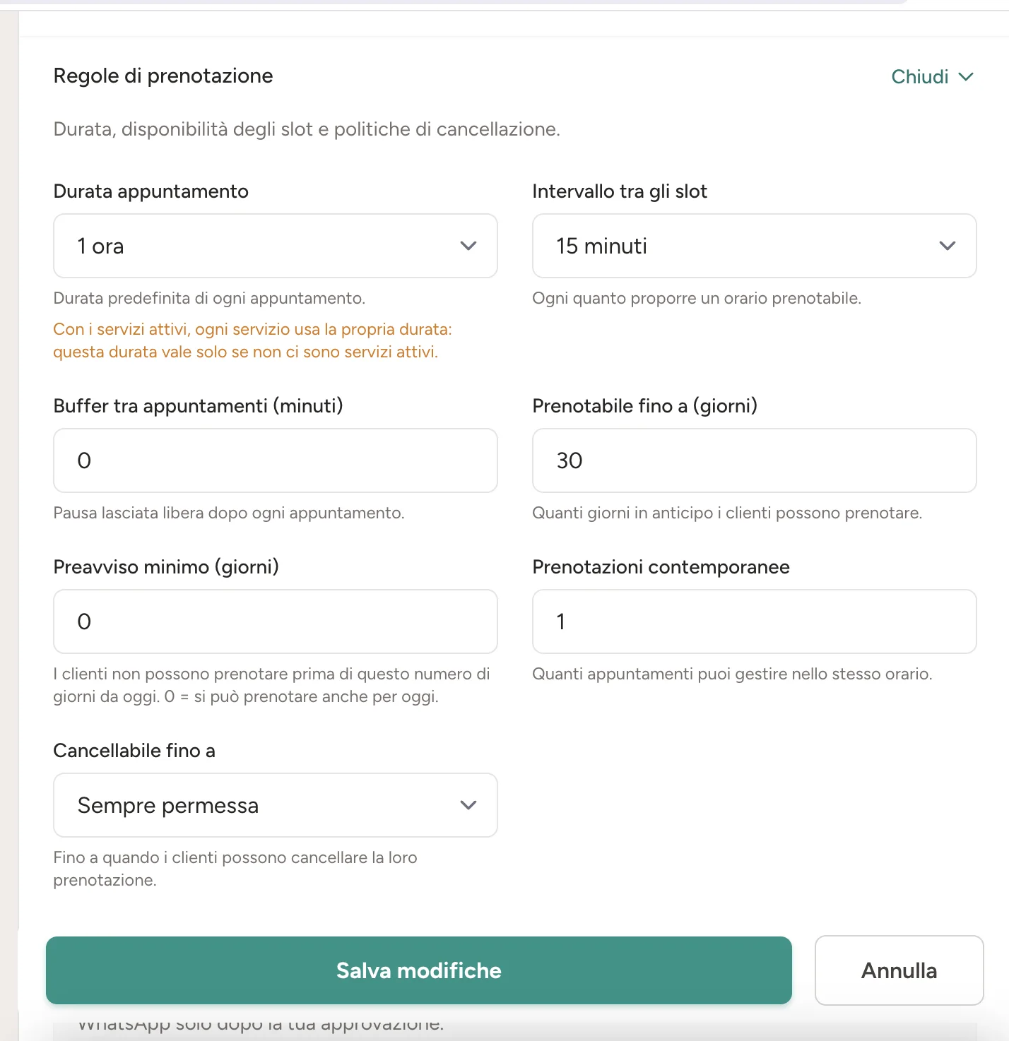 Regole della pagina di prenotazione con intervallo, buffer, anticipo e cancellazione