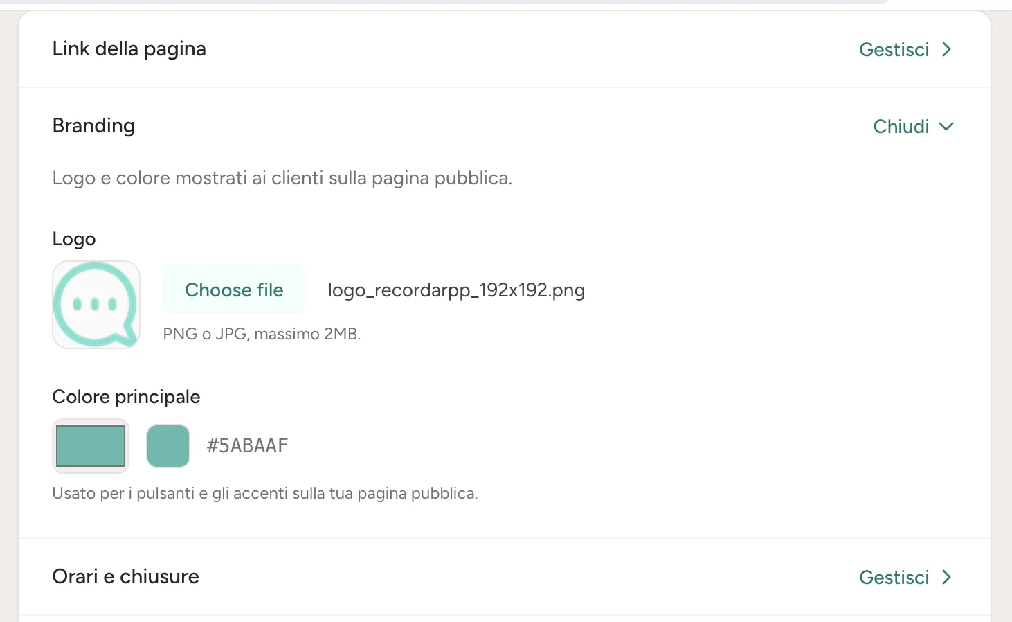 Configurazione del logo e del colore principale della pagina di prenotazione