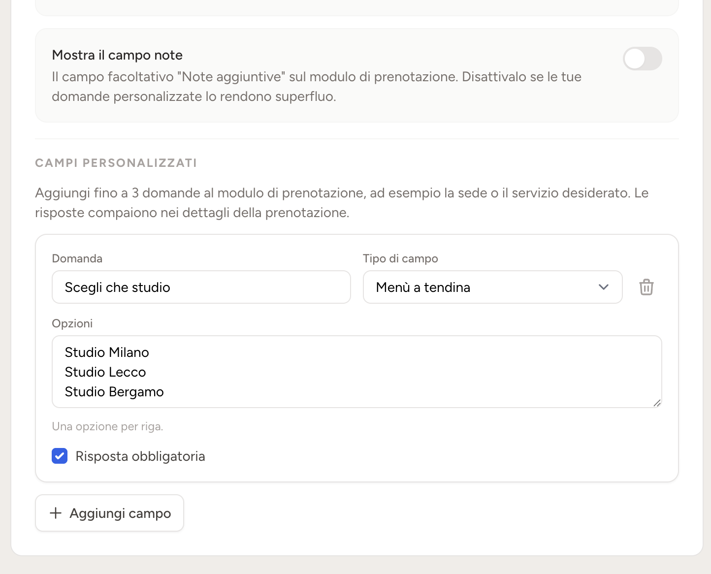 Configurazione delle domande personalizzate nel modulo di prenotazione