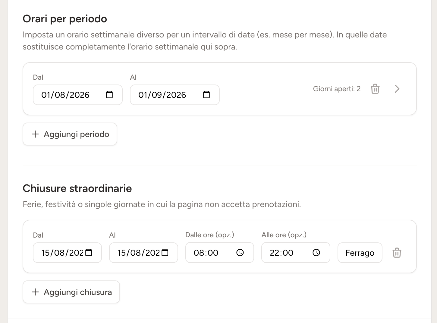 Configurazione di orari settimanali per intervalli di date
