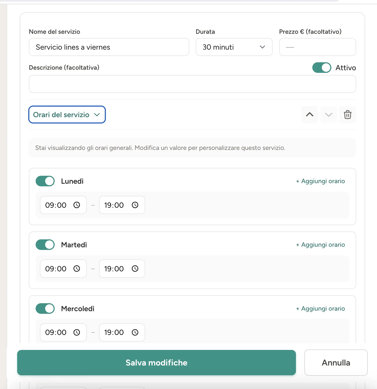 Orari personalizzati aperti sotto un servizio della pagina di prenotazione
