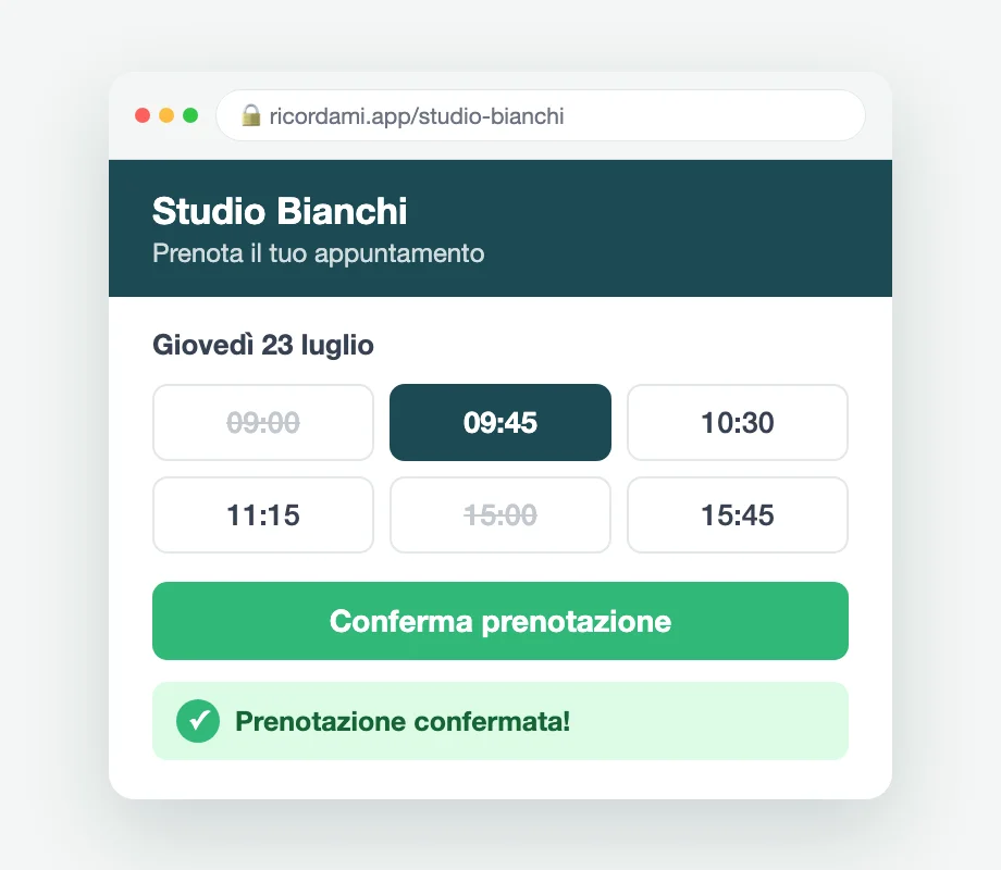 Pagina di prenotazione online di RicordamiApp